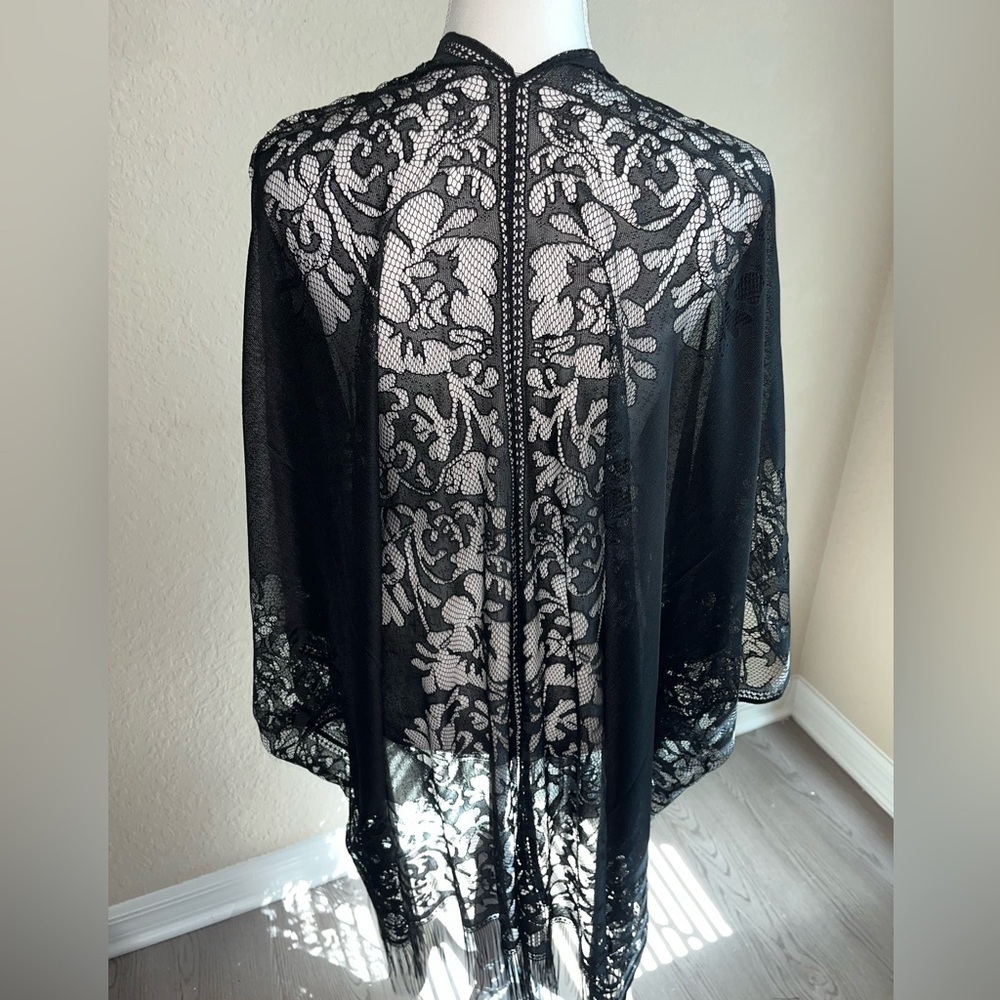 Boho Kimono Black Sheer Lace Cover-Up. - Picture 5 of 7